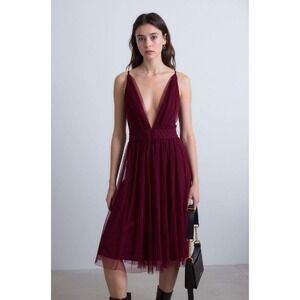 Burgundy Tulle Plunge Midi Tulle Dress Romantic Coquette Balletcore Formal